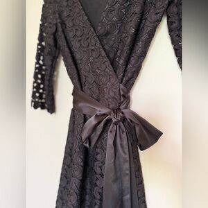 DVF Black Elegant Lace Wrap Dress with Satin Tie